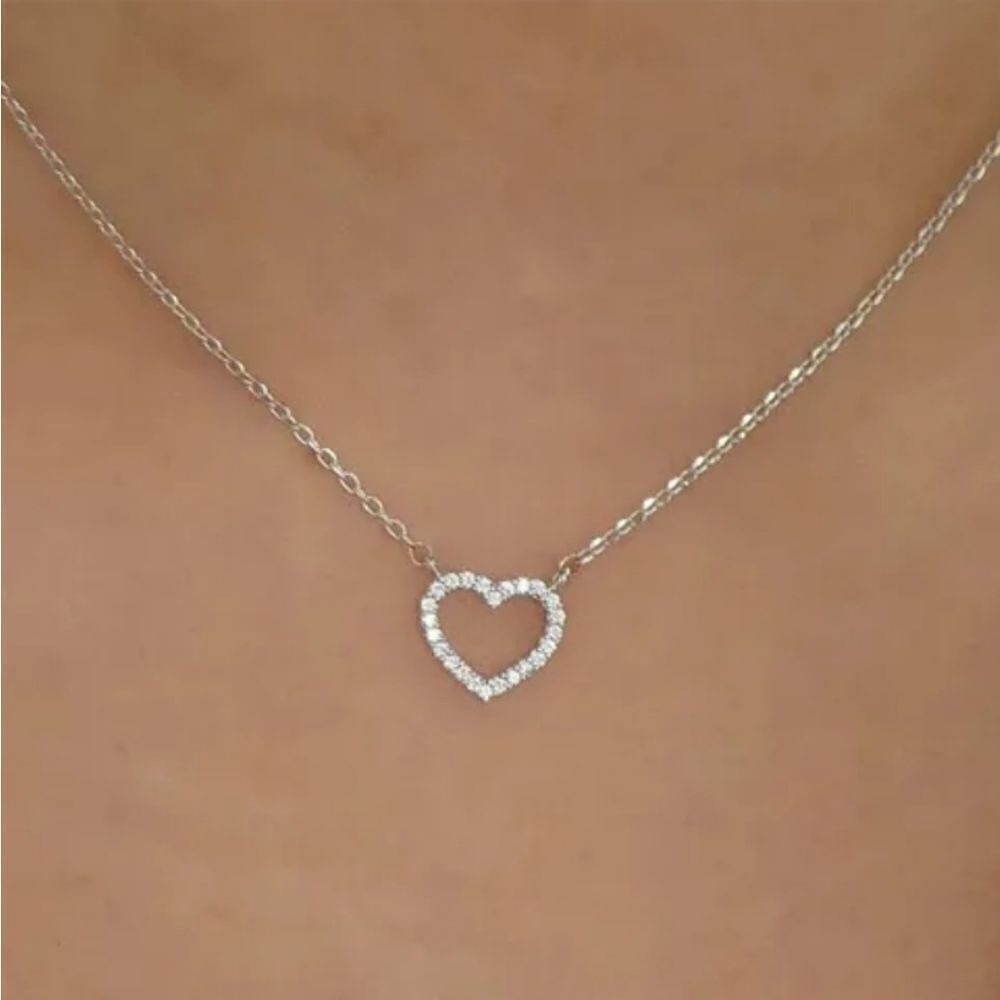 Silver Heart Pendant Necklace Crystal Rhinestone Delicate Dainty Minimalist